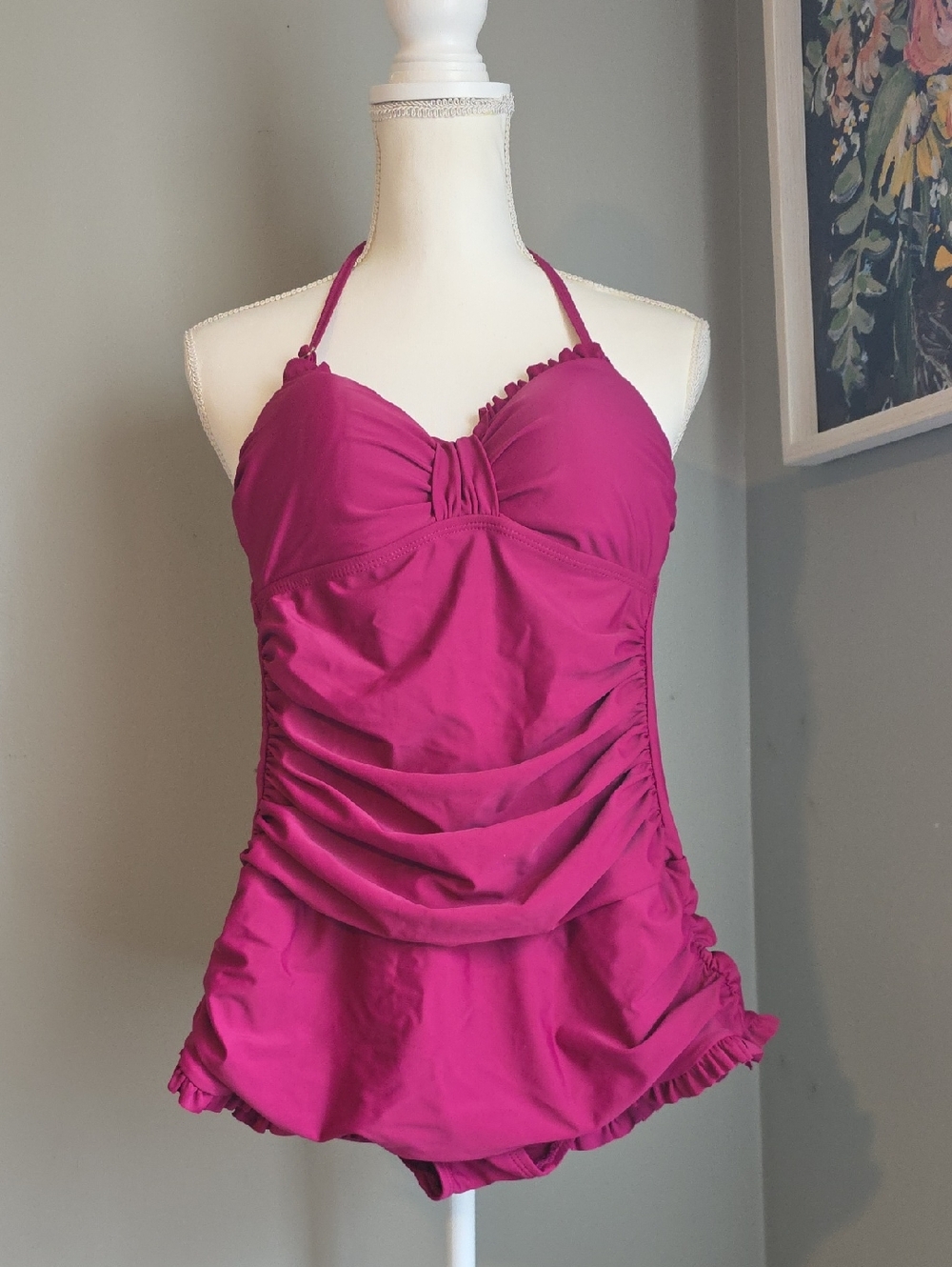 Halter Ruched Magenta One-Piece Swimdress Size 8